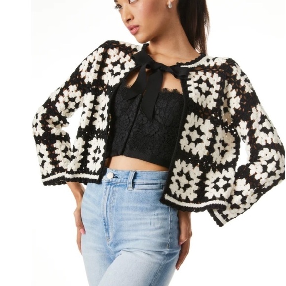 ALICE + OLIVIA ANDERSON CROPPED BOXY CARDIGAN WITH BOW